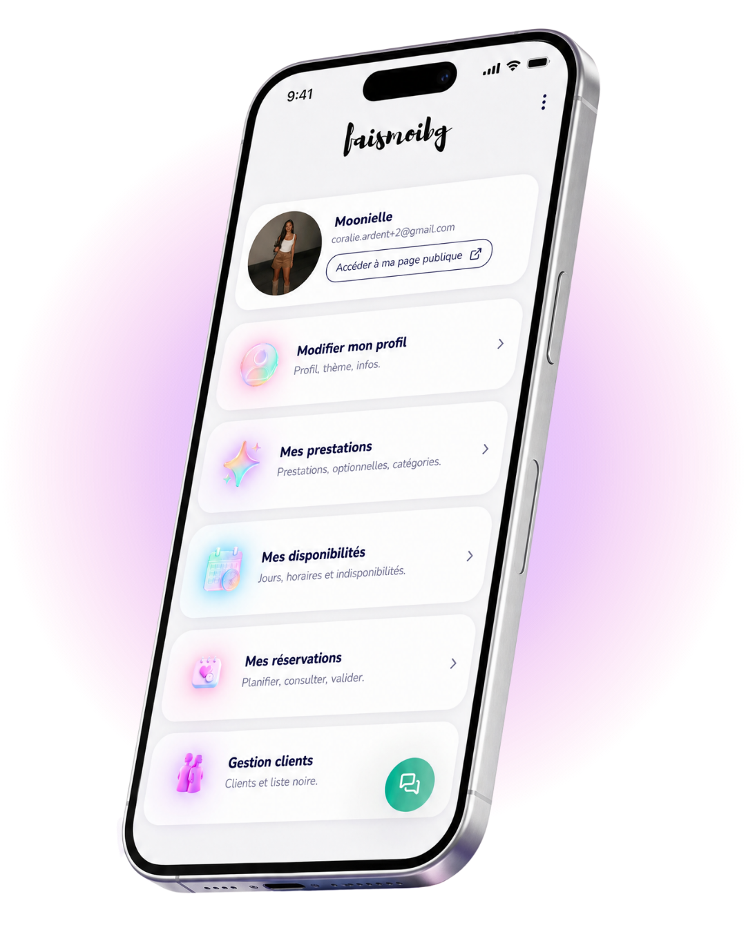 Aperçu d'une page dashboard faismoibg sur mobile